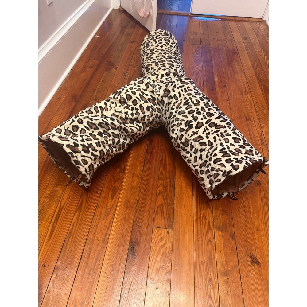 Leopard Print 3-Way Cat Tunnel Collapsible Pet Play Tube with Hanging Toy